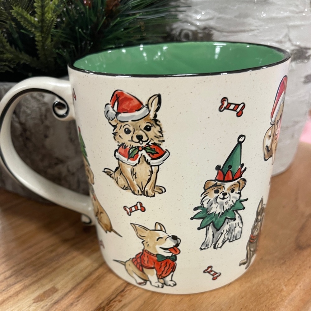 Christmas Dogs Frenchie Pug Dachshund Corgi Ceramic scroll Handle Coffee Mug NWT